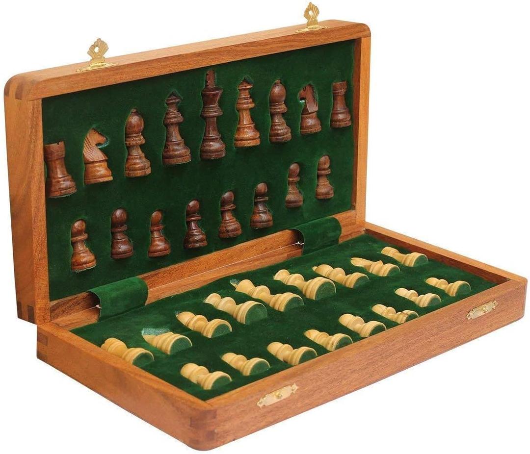 Magnetic Travel Chess Board Set - Classic Wood Staunton 7 X 7 Inch Pocket Chess Set with Folding Game Board Handmade in Fine Rosewood