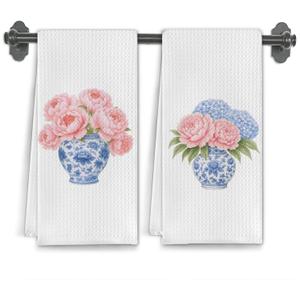 Chinoiserie Peony Hydrangea Kitchen Towels, Grandmillennial Floral Dish Tea Towels for Kitchen Decor, Blue and White Porcelain Flower Hand Towel for Bathroom Decor, 16x24 Inch Set of 2