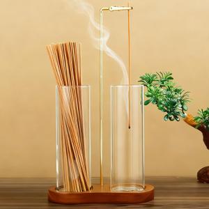 Incense Holder for Sticks 2 in 1 Incense Burner Holder with Storage & Ash Catcher Wooden Base, Glass Vessels, Metal Clip for Meditation, Yoga, Spa, Home & Garden Decor