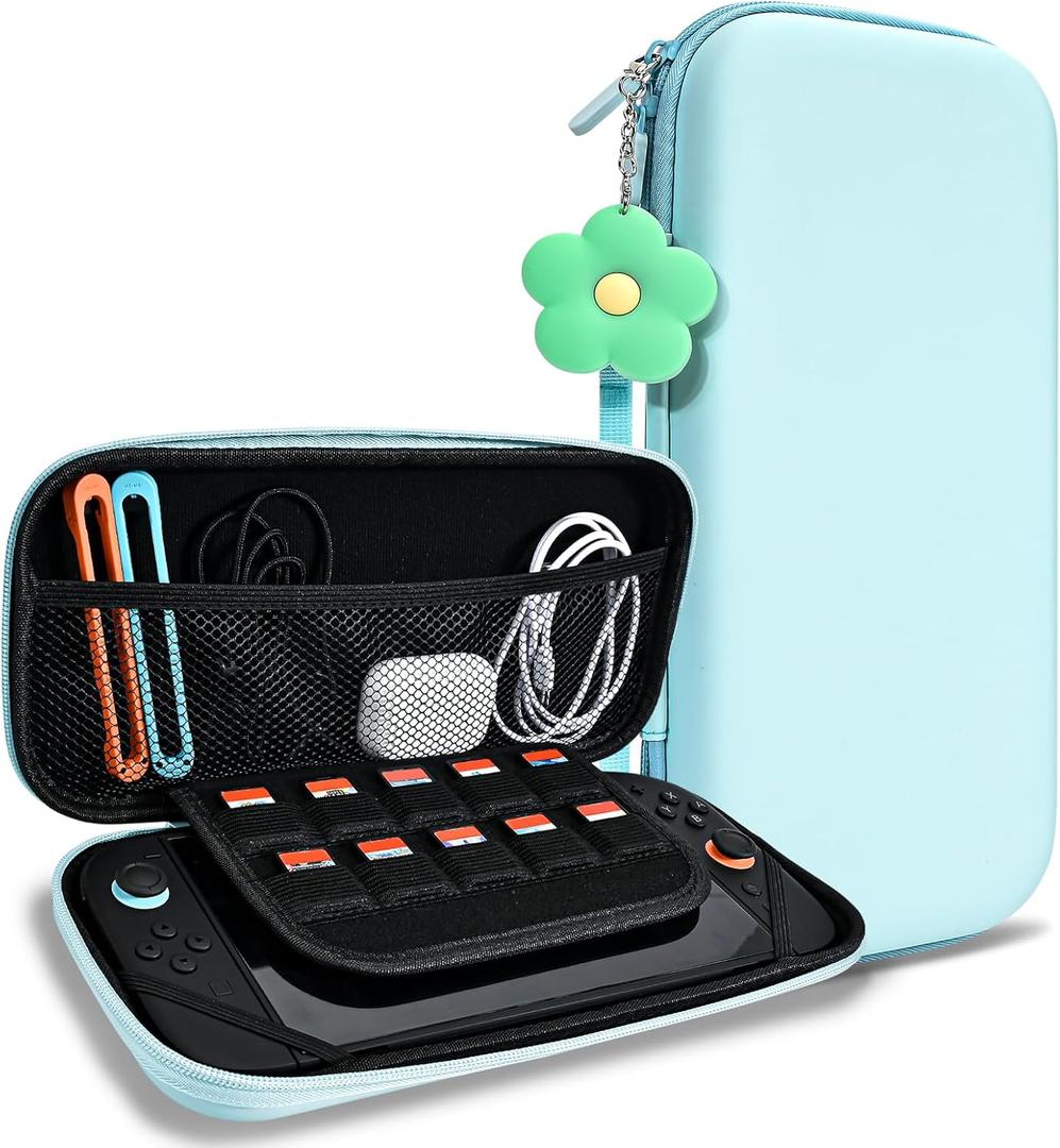 DLseego Storage Carrying Case for Nintendo Switch 2 (2025) Accessories Set, 10 Game Card Slots Cute Protective, 1PC Flower Blossom Chain, Travel-Carry, All-round Protection, Slim & Portable - Blue