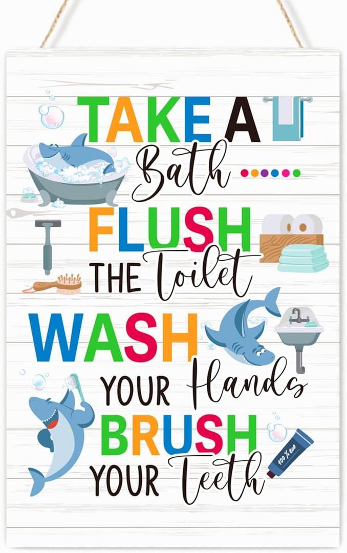 2 x Funny Shark Theme Kids Bathroom Wood Plaques Wall Decor, Take Flush Wash Brush Blue Shark Bathroom Wooden Hanging Sign for Toilet Washroom Front Door Wall Decor 12'' L x 8'' W