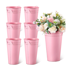 Irenare 12 Inch Vintage Galvanized Flower Bucket Metal Flower Vase Farmhouse French Bucket Planter Metal Floral Container for Party Table Centerpiece Weddings Home(Pink,6 Pcs)