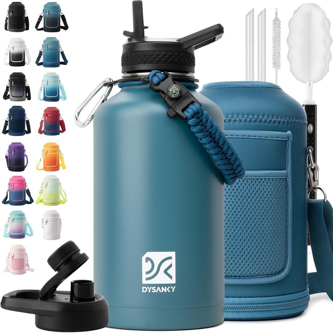 DYSANKY Insulated Water Bottle | Thickened Stainless Steel Vacuum Metal | Portable Sports Half Gallon Large Water Jug for Gym and Hiking with Straw, Carrier Bag, Handle Strap | BPA-Free 64 oz (Indigo)