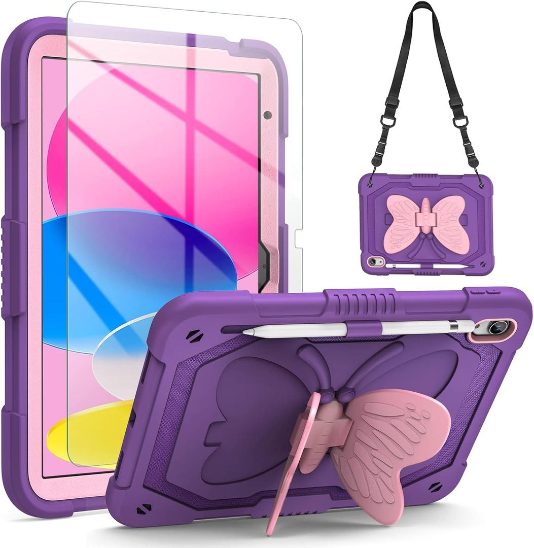 VOFUOE for iPad 10th Generation Case for Kids Girls 2022 10.9 Inch for iPad A16 Case 11th Generation 2025 with Screen Protector Shoulder Strap Butterfly Wings Stand Pencil Holder Rugged Cover-Purple