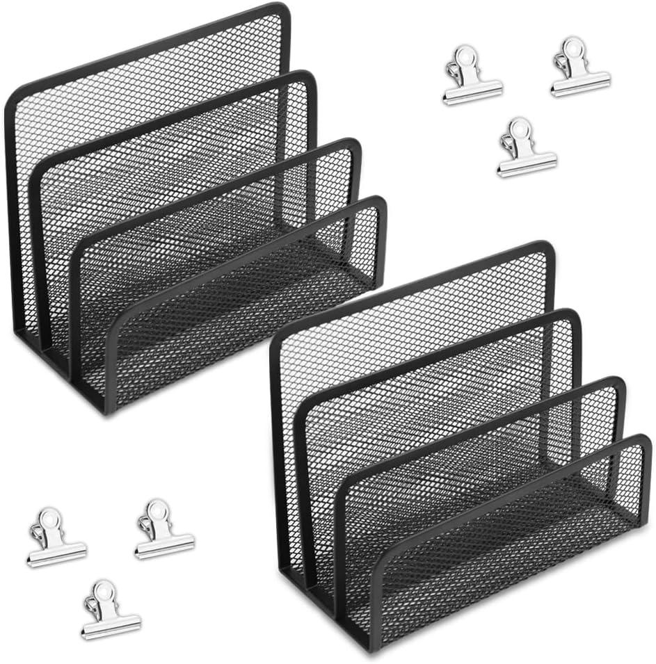 Desk Mail Organizer, 2 Pack Metal Mesh Small File Holders with 6 Metal Clips Letter Organiser Countertop with 3-Slot, Office Mail Sorter Organizer for Bill Paper Folder Document (Black)