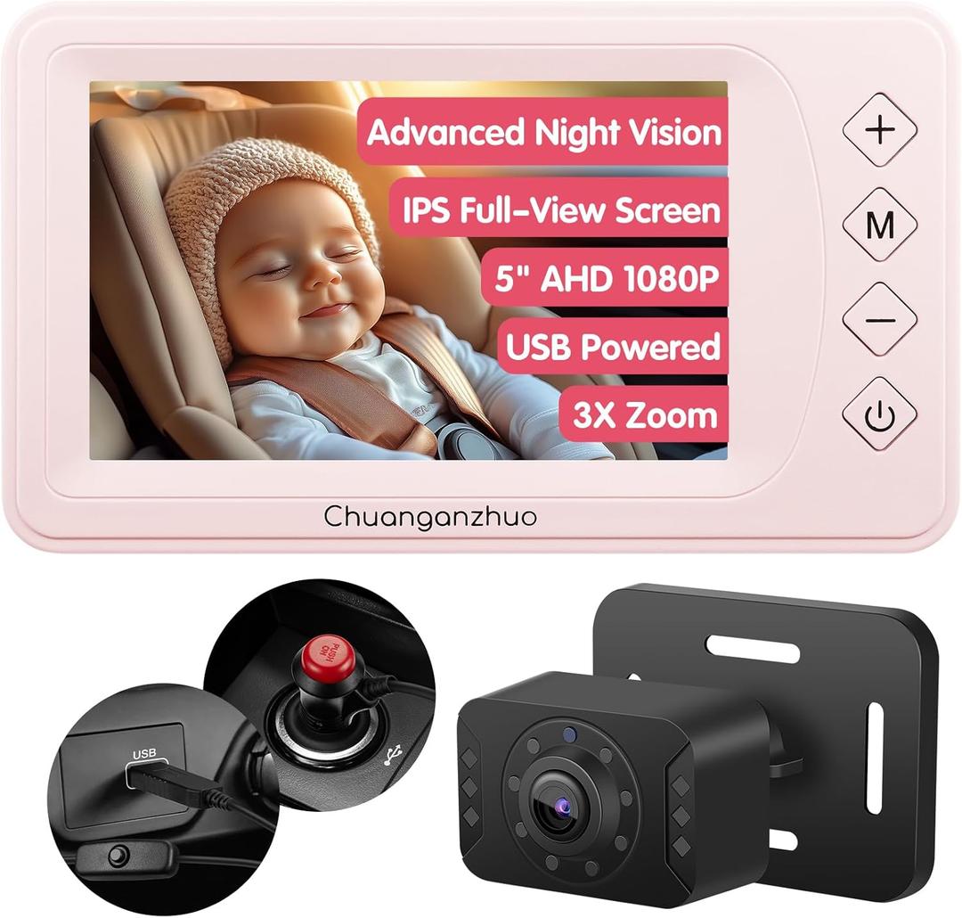 Baby Car Camera with Advanced Night Vision, AHD 1080P 5inch IPS Full View Car Baby Monitor, Carseat Camera for Kids Infants Rear Facing Mirror, USB Powered, 5inch, Light Pink