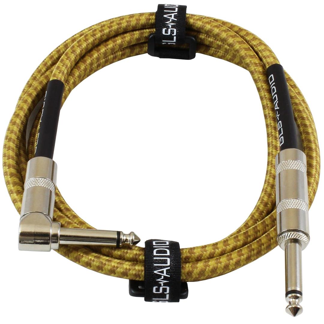 GLS Audio Instrument Cable - Amp Cord for Bass & Electric Guitar - Straight to Right Angle 1/4 Inch - Brown/Yellow Braided Tweed - 6ft Electric Guitar Cable