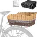 CXWXC Rear Bike Basket - Large Bicycle Rear Basket with Cargo Net and Waterproof Cover, Hand-Woven Baskets Rear Large Capacity (Brown)