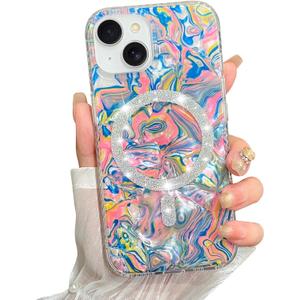 AIGOMARA Magnetic for iPhone 15 Case, Compatible with Magsafe Glitter Sparkly Watercolor Marble Translucent Bumper Protective Phone Case with Screen Protector for Women Girls, Pink/Blue