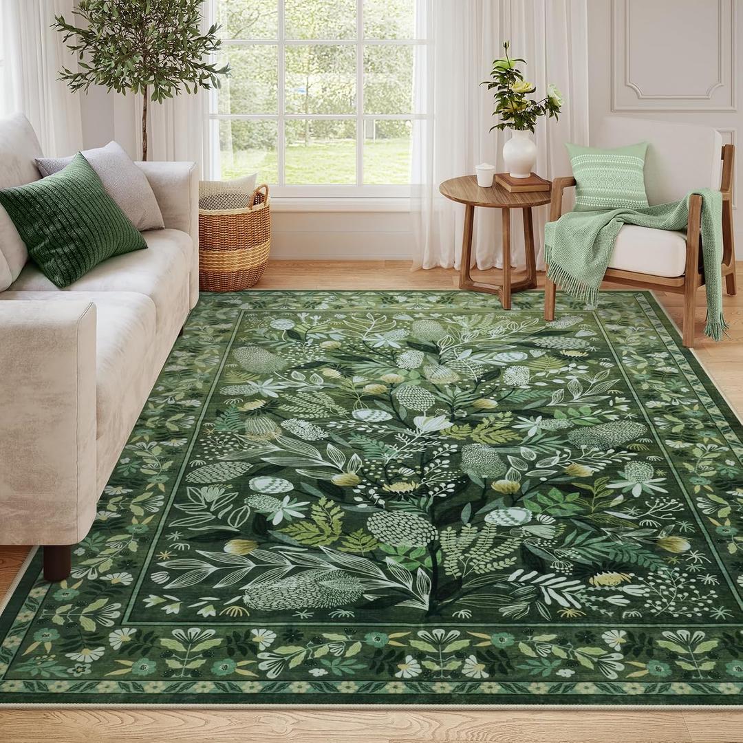 Anidaroel Green Large Area Rugs 8x10, Botanical Floral Washable Rug for Living Room, Soft Rugs for Bedroom Non-Slip Ultra-Thin Modern Rug Dining Room Mat Throw Carpet for Dorm Apartment
