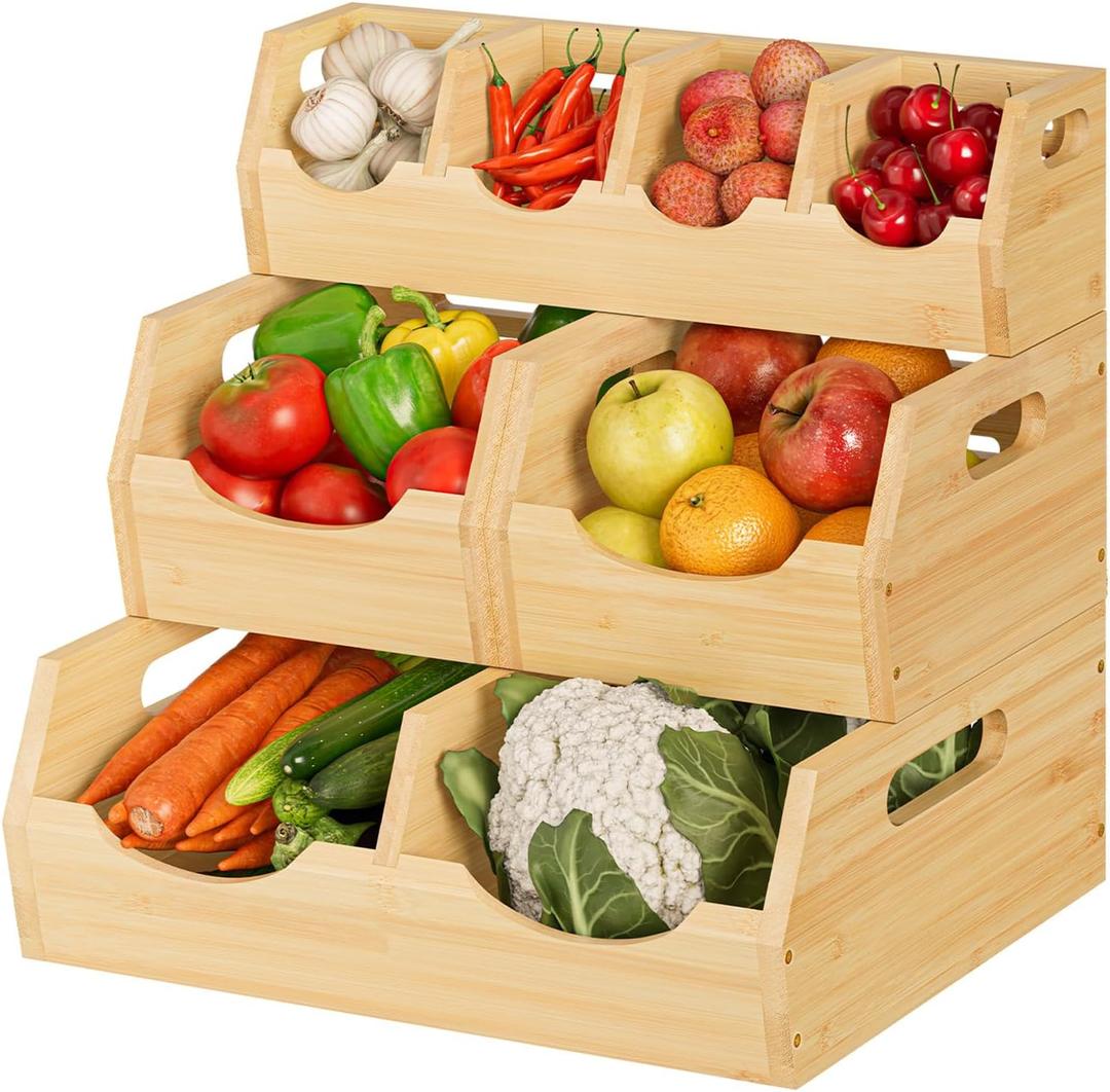 Upgraded 3 Tier Bamboo Pantry Storage Bins - Stackable Potato and Onion Storage Bin, Storage Baskets Airflow Vent Vegetable and Fruit Organizer with Handle, for Kitchen, Livingroom,Bathroom