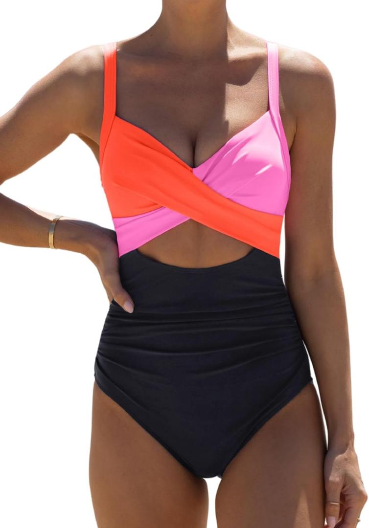 popvil One Piece Swimsuit Women Tummy Control Hight Waisted Bathing Suit V Neck Swimwear Neon Sexy Cut Out Tie Back Swim Suit (Medium, Orange Pink)