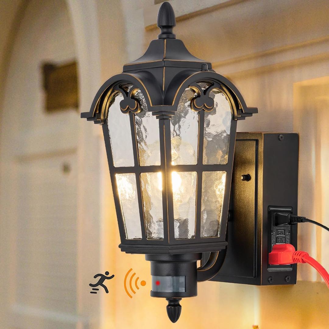 Dusk to Dawn Motion Sensor Outdoor Porch Light with GFCI Outlet, Anti-Rust Waterproof Industrial Outdoor Lantern, UL ETL Listed, Exterior Work Lights Rustic Wall Light