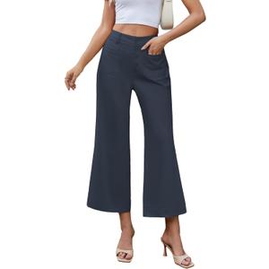 Famulily Womens Button Down Wide Leg High Elastic Waisted Capri Pants Casual Dressy Cropped Pants with Patch Pockets (Medium, Navy)