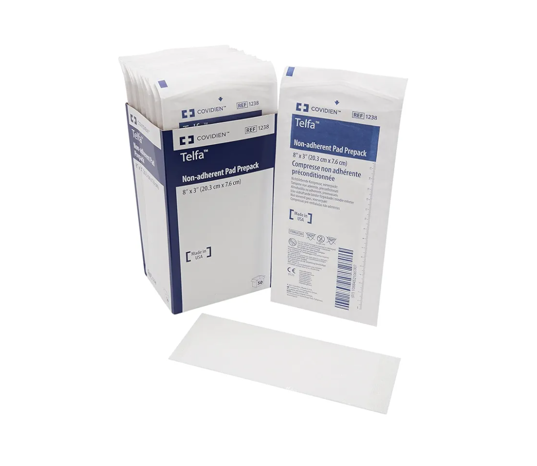 Covidien 1238 Telfa Non-Adherent Pads Prepack, 8" x 3" Size, Pack of 50