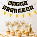Black Gold Happy Birthday Banner - 20PCS Gold Fireworks Shape Cupcake Decoration Sparkling Party Decoration for Children or Adults Birthday Party Or Celebration