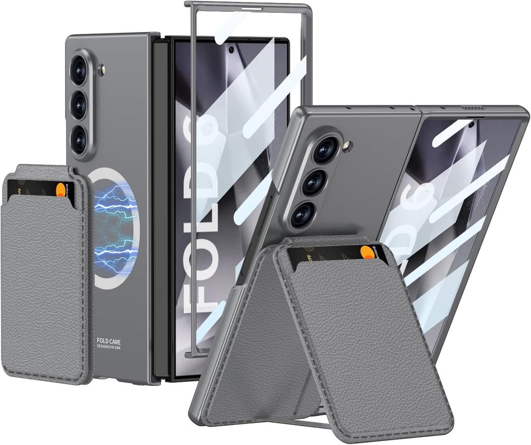 SHIEID Galaxy Z Fold 6 Case with Card Holder, [MagSafe Compatible] Front Screen Protector, Wallet Case Stand Cover for Samsung Z Fold 6 Phone Case, Gray