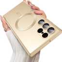 Magnetic for Samsung Galaxy S22 Ultra Case [Compatible with MagSafe][Built-in Camera Lens Protector] Slim Soft Silicone Bumper Shockproof Metallic Luster Phone Case (Gold)