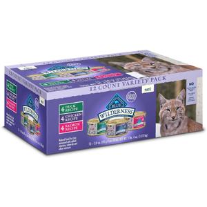 Blue Buffalo Wilderness High Protein, Natural Adult Pate Wet Cat Food Variety Pack, Chicken, Salmon, Duck 3-oz Cans (12 Count- 4 of Each Flavor) (EXP 03/04/28)