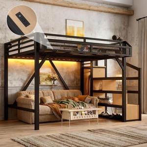 Bellemave Loft Bed Full Size with Storage Stairs, Beside Shelf & Wardrobe, Metal Full Size Loft Bed with USB Ports & LED Light, Large Under-Bed Space Loft Beds for Adults, Teens, Kids, Black Natural