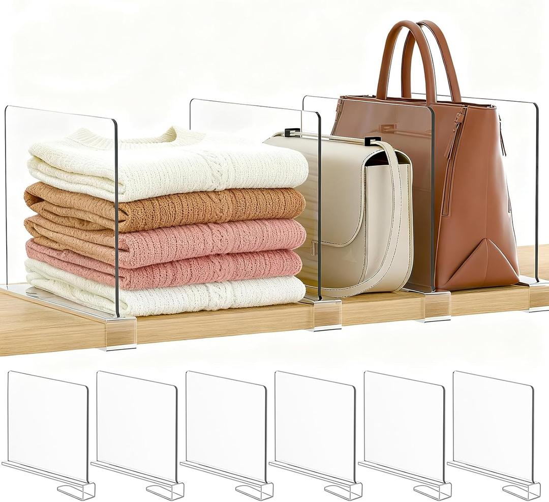 Purse Organizer for Closet Shelf Dividers: 6-Pack Adjustable Clear Acrylic Bag Storage Organizer for Handbags, Sweaters, Towels, Jeans and Shoes on Wood Shelves (Standard: 8" Tall x 12" Deep)