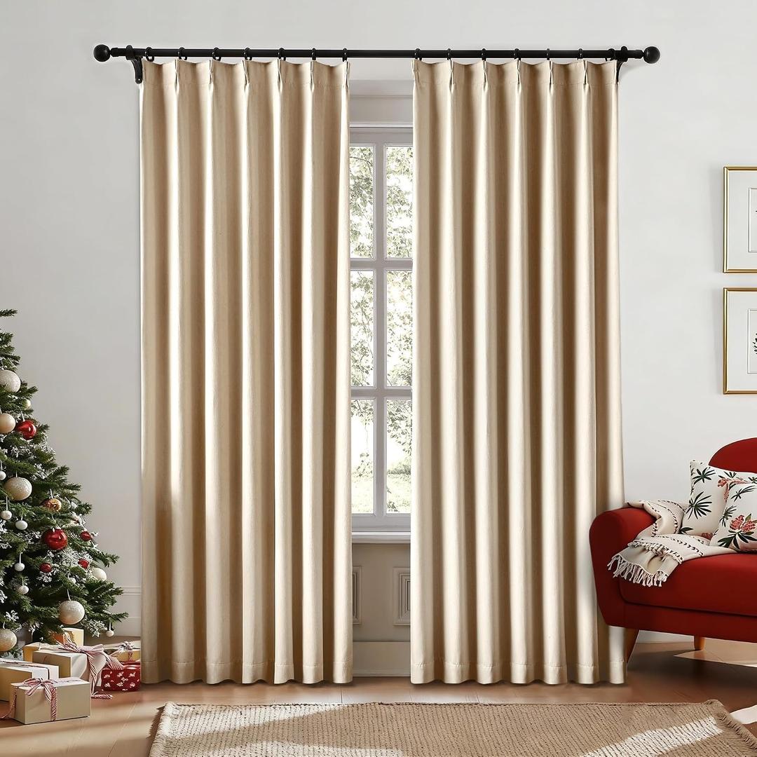 Beige Blackout Pinch Pleated Curtains for Bedroom 95 Inch Length, Linen Strip Textured Weave 100% Blackout Thermal Insulated Back Tab Drapes with Hooks for Track System 2 Panels W40 x95 L