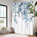 Gibelle Blue Eucalyptus Shower Curtain, Watercolor Plant Leaves with Floral Bathroom Shower Curtain Set, 72x72