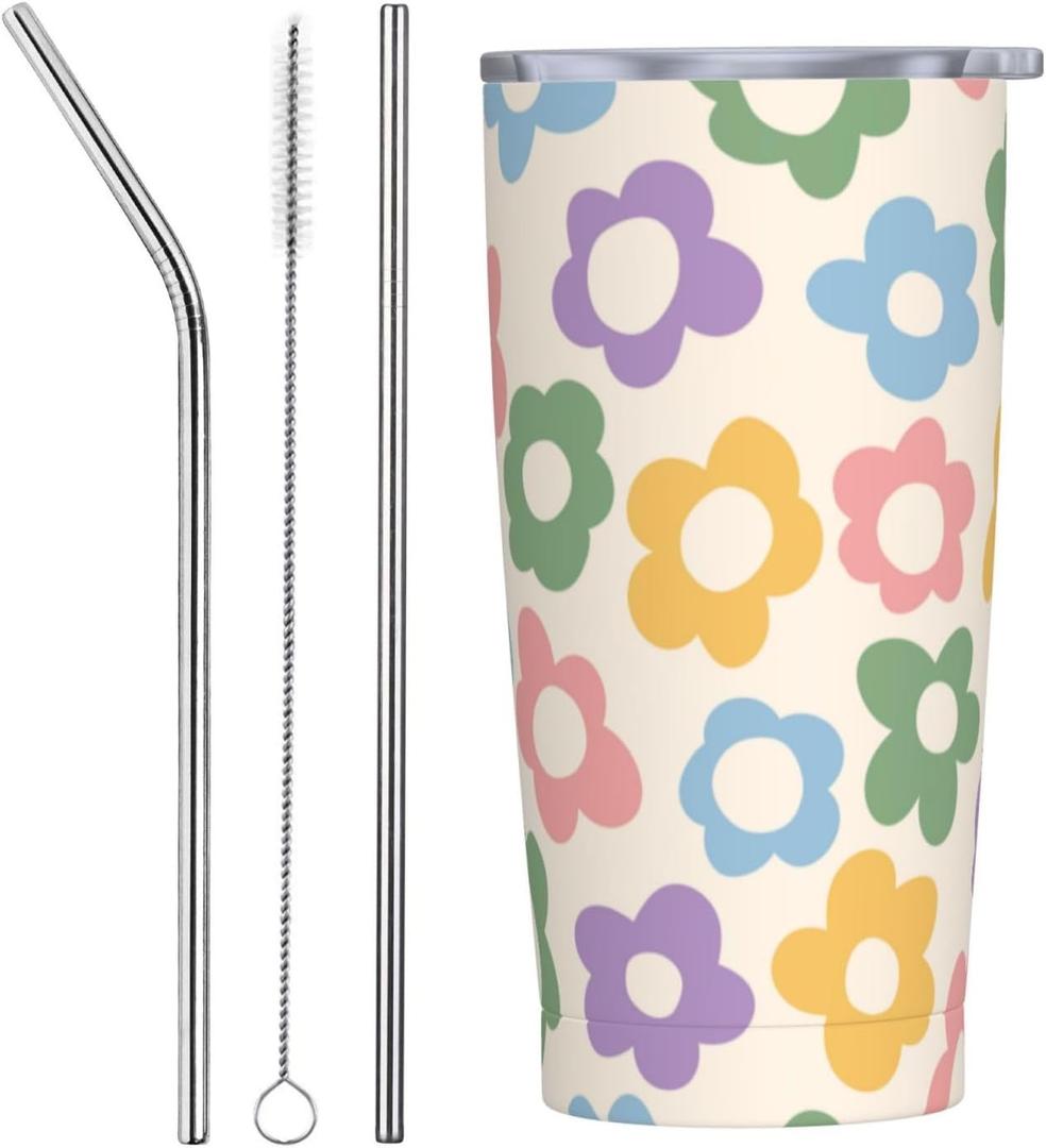 Vintage Groovy Flowers 20oz Stainless Steel Insulated Tumblers Travel Mug Cup Leakproof Gift For Men Women Hot & Cold Drinks Splash-Proof Lid Metal Straw and Brush