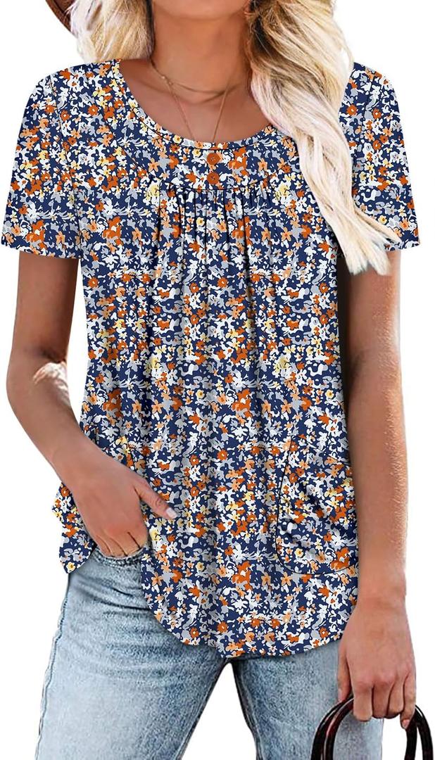 Angerella Women Tunic Tops Dressy Casual Summer Short Sleeve Shirts Floral Loose Fit Pleated Boho Top S-3XL (L)