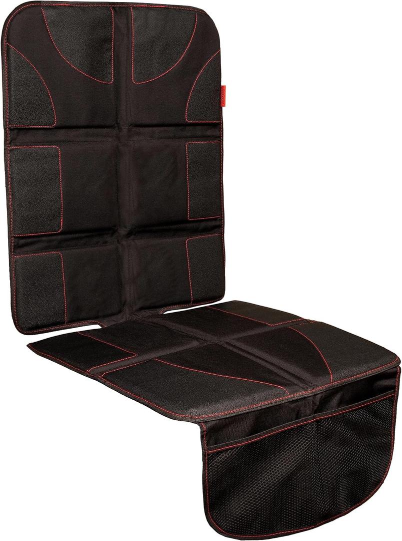 Lusso Gear Car Seat Protector - Baby Seat Mat - Thick Padding, 2 Mesh Storage Pockets, Waterproof, Non-Slip Backing - Black with Red Stitching