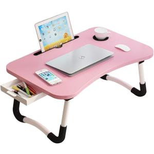Lap Desk with Storage Drawer, Holders for Cup and Tablet, Tray Table with Foldable Legs, Laptop Bed Stand, Portable Standing Table for Sofa Couch Floor (23.6", Pink)