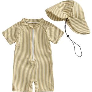 Toddler Baby Boys Seersucker Short Sleeve One Piece Rash Guard Swimsuit Zipper Bathing Suit Swimwear with Ha, 6-12 Months, Khaki