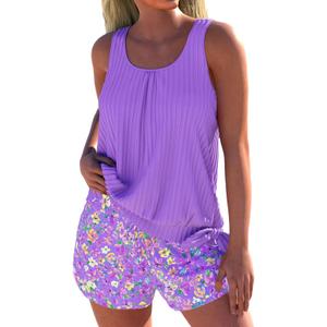 ROSEWE Modest Tankini Swimsuits for Women, Two Piece Athletic Womens Bathing Suits Blouson Tank Tops with Board Shorts (Large, Purple)