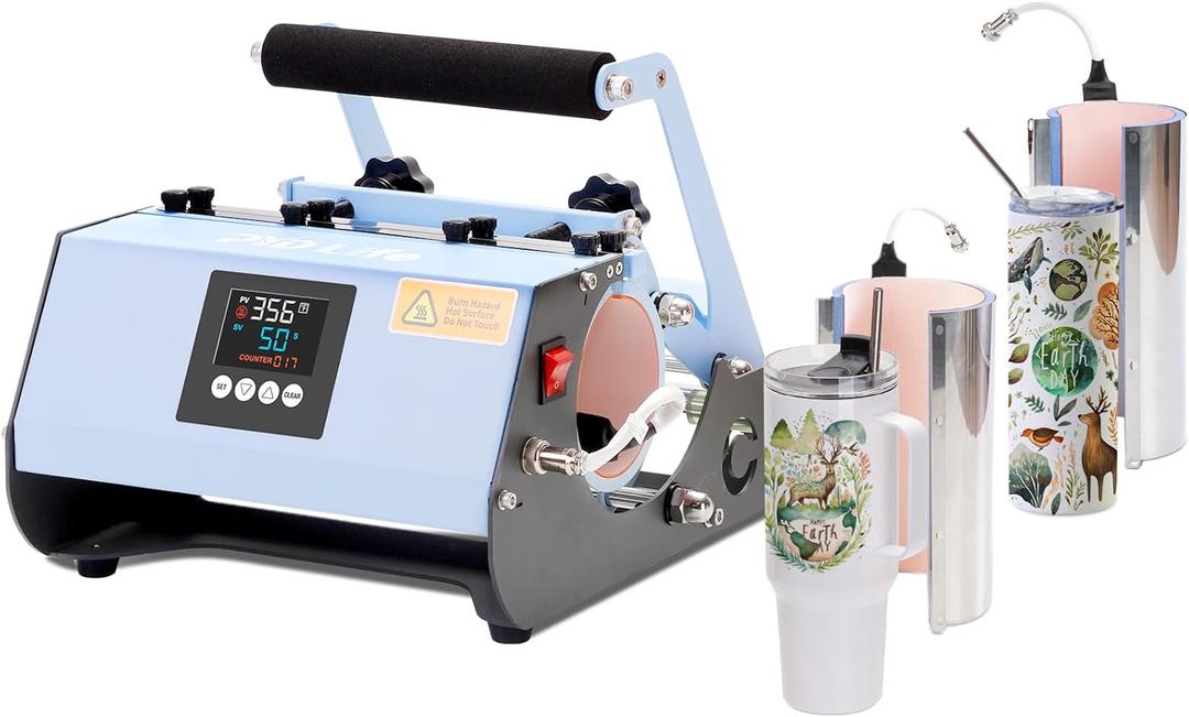 PYD Life 2 in 1 40 OZ Tumbler Heat Press Machine 110 V Blue 20 OZ 30 OZ Mug Heat Press for 40 OZ Tumbler with Handle Sublimation Straight Tumblers Bottles Mugs Glass Tumbler Printing