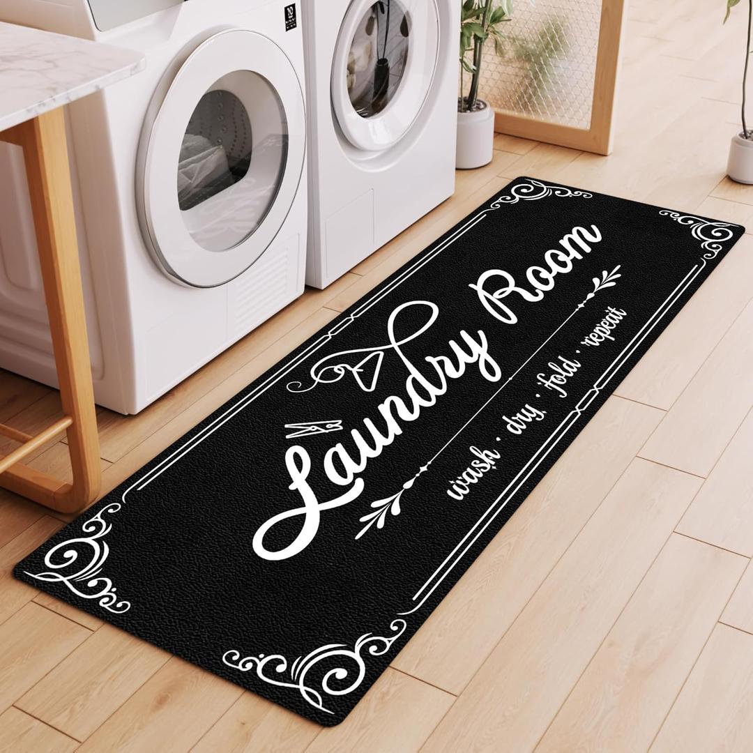 Laundry Room Rug Runner, 17"x60" Non Slip Black Nappa Leather Laundry Rugs, Farmhouse Washable Floor Laundry Mats for Laundry Room, Kitchen, Washroom, Bathroom, Mudroom, Hallway Entryway Decor