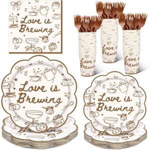 Zubebe 120 Pcs Love Is Brewing Bridal Shower Decorations Disposable Tableware Set Coffee Theme Paper Plates Napkins Cups Forks Bachelorette Party Supplies Serves 24