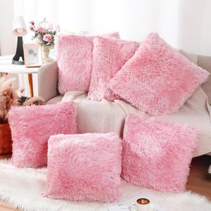 VitalCozy 6 Pcs Winter Faux Fur Throw Pillow Covers Fluffy Couch Cushion 18 x 18 in Square Pillow Luxury Decorative Soft Pillowcase Zipper Closure for Sofa Couch Sleepover Party(Pink)