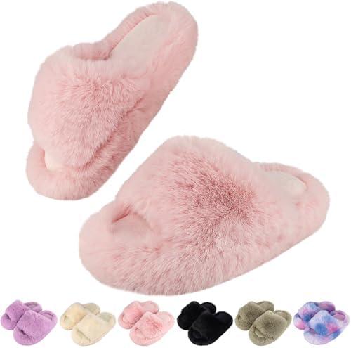 LUYOO Girls Fuzzy Memory Foam Slippers Comfy丨Kids Fluffy Plush Open Toe House Slippers丨Slip On Furry Home Slides丨Indoor Outdoor Fur Flip Flop 34