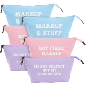 6 Pack Small Cosmetic Canvas Makeup Bags for Women with Zipper, 3 Colors and Designs (8 x 4 x 6 In) (Blue, Pink, Purple)