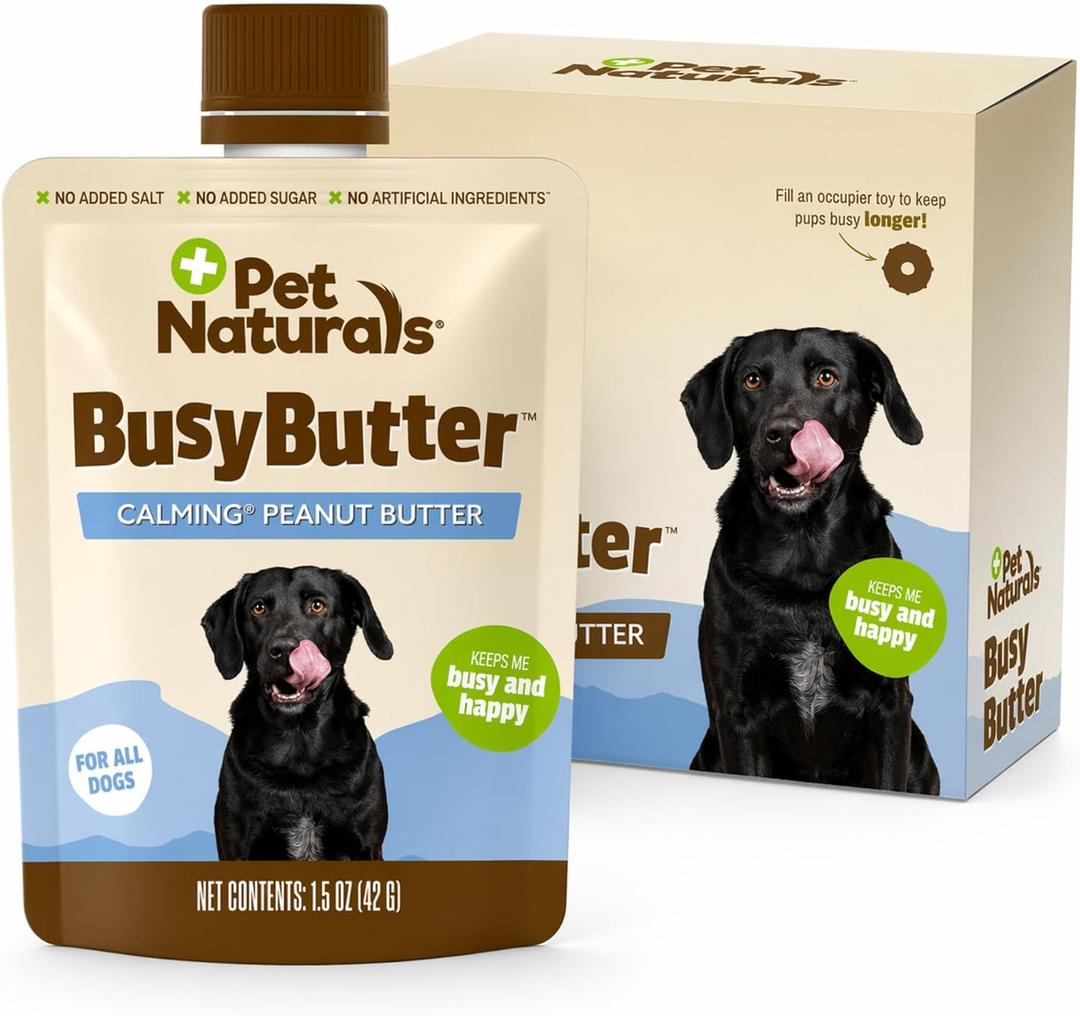 Pet Naturals BusyButter Easy Squeeze Calming Peanut Butter for Dogs, 6 Pouches - Great for Treats, Lick Mats, Training, Calming, and Occupier Toys, Busy Butter, 1.5oz (Pack of 6) (EXP: 03/18/2028)