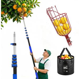 AgiiMan 28 Reach Fruit Picker with Telescopic Extension Pole and 20L Bucket, 5 to 20 FT Fruit Picker Pole Lightweight and Sturdy Aluminum Telescopic Pole, Easy to Assemble Fruit Picking Basket