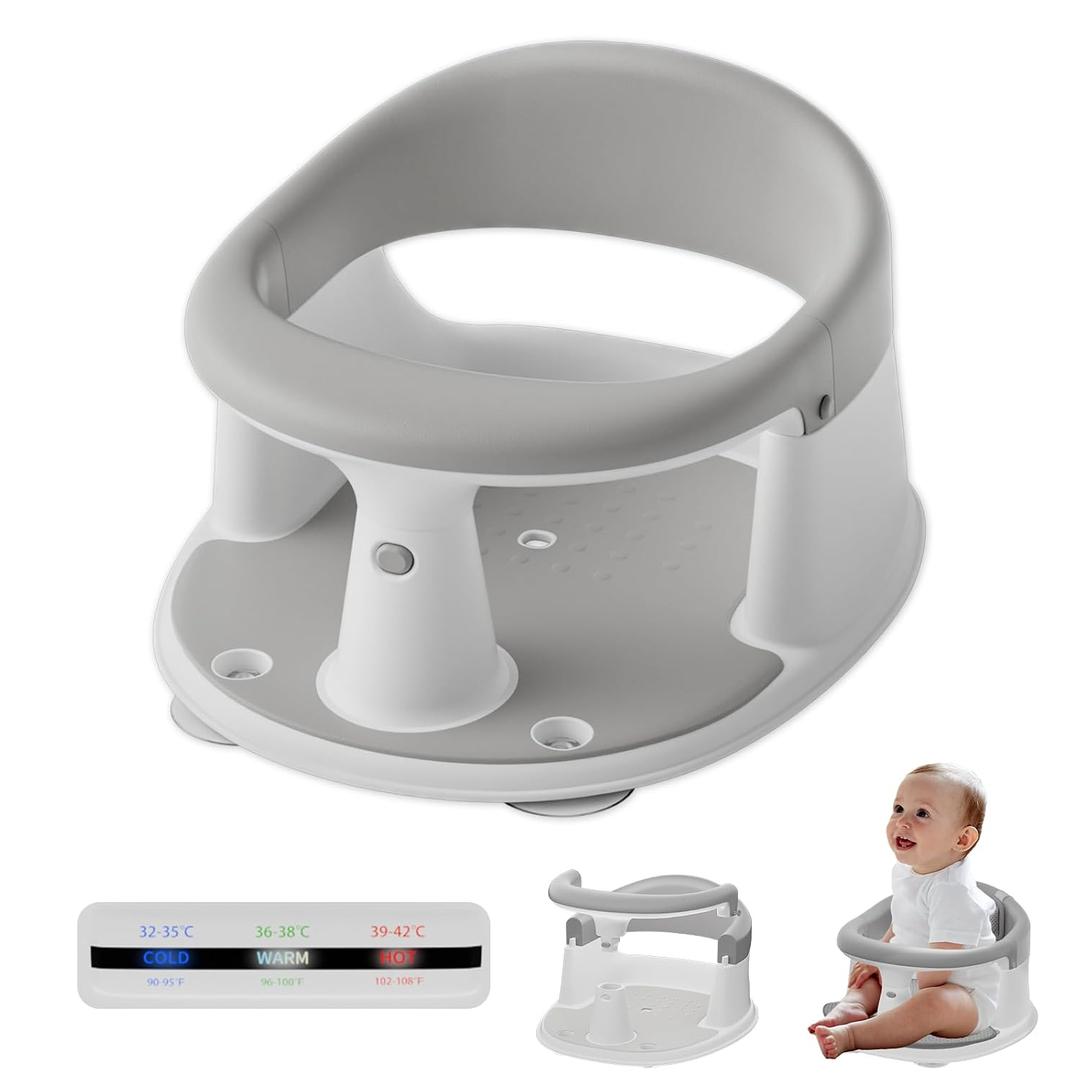 Baby Bath Seat for Babies 6 Months & Up - 360° Protection Baby Bath Chair with Temperature Alert & Cushion | Non-Slip Toddler Bathtub Seat | Newborn Infant Bath Tub Seats for Babies Sitting Up (Grey)