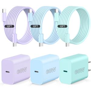 i Phone Charger Fast Charging, 3Pack 60W USB Type C Cable Fast Charging, 10FT Long Charger Cable, Compatible with i Phone 16 15 17,Sannsung Gelaxy S25/S24/S23/S22,Pad,MecBook, More Purple/Blue/Green