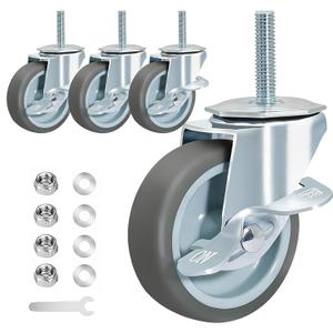 Heavy Duty Threaded Stem Casters Set of 4, 3 Inch Caster Wheels with Brake, Swivel Wheels for Furniture, Replacement Casters for Workbench, Cart, Cabinet and Equipment (Diameter 3/8", Length 1-1/2") (Grey)