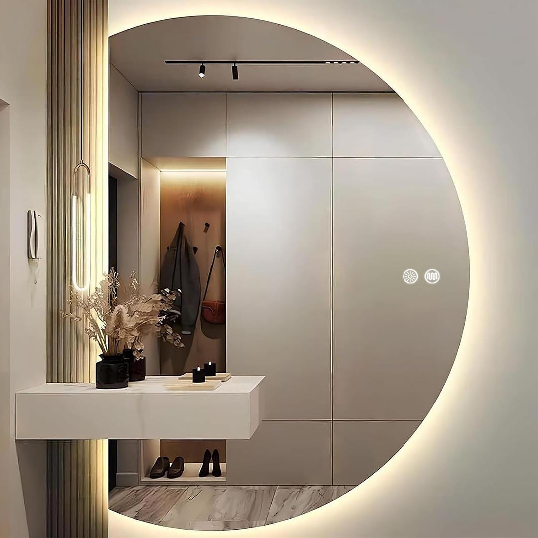 Half Moon Mirror-Anti-Fog Bathroom Mirror with LED Lights with 3 Color Dimmable, Backlit & Stepless Dimming Smart Vanity Mirrors for Small Bathroom (Left/Right Universal, 47" L x 33" W)