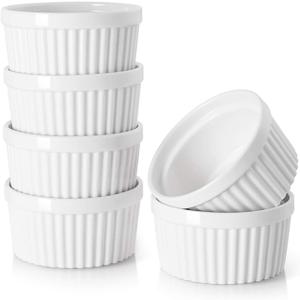 DOWAN Ramekins 4 oz Oven Safe for Creme Brulee Souffle, Porcelain Custard Cups Ramiken for Baking, Small Bowls Dipping Sauce Dish Classic Style, Set of 6, Soft White