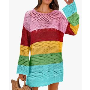 ANRABESS Women Swimsuit Crochet Swim Cover Up 2025 Summer Bathing Suit Swimwear Mesh Knit Beach Dress Vacation Outfits, Rainbow Stripe, M