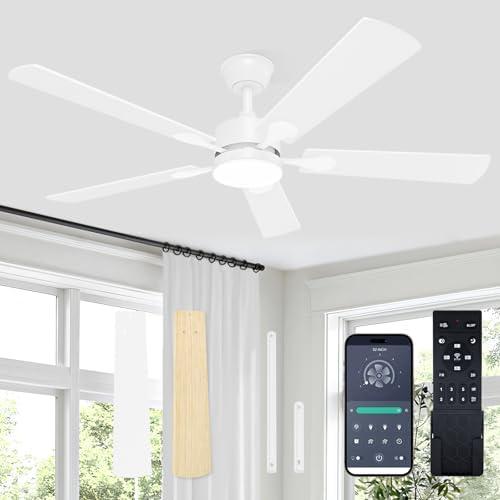 VOLISUN Ceiling Fan with Light, 52 inch Flush Mount Ceiling Fan with Lights and Remote, Dimmable LED Fan Light, Low Profile Ceiling Fan, White Modern Ceiling Fan for Bedroom, Indoor/Outdoor