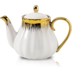 Ceramic Teapot, Ceramic Tea Pot with Removable Stainless Steel Infuser White Teapots with Gold Trim, Floral Teapot, Tea Kettles for loose leaf tea and tea bags, Coffee(30oz)
