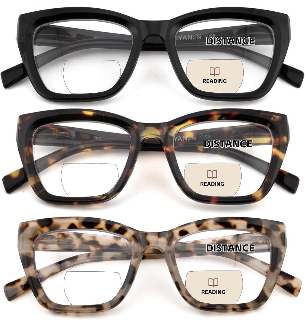 HIYANJN Bifocal Reading Glasses For Women Men 3 Pack Fashion Cat Eye Computer Readers Clear Top Oversized Eyeglasses,2.75